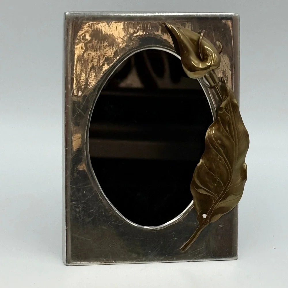Vintage Silver Tone Calla Lily Picture Frame Oval Opening Mixed Metal 3.5x5